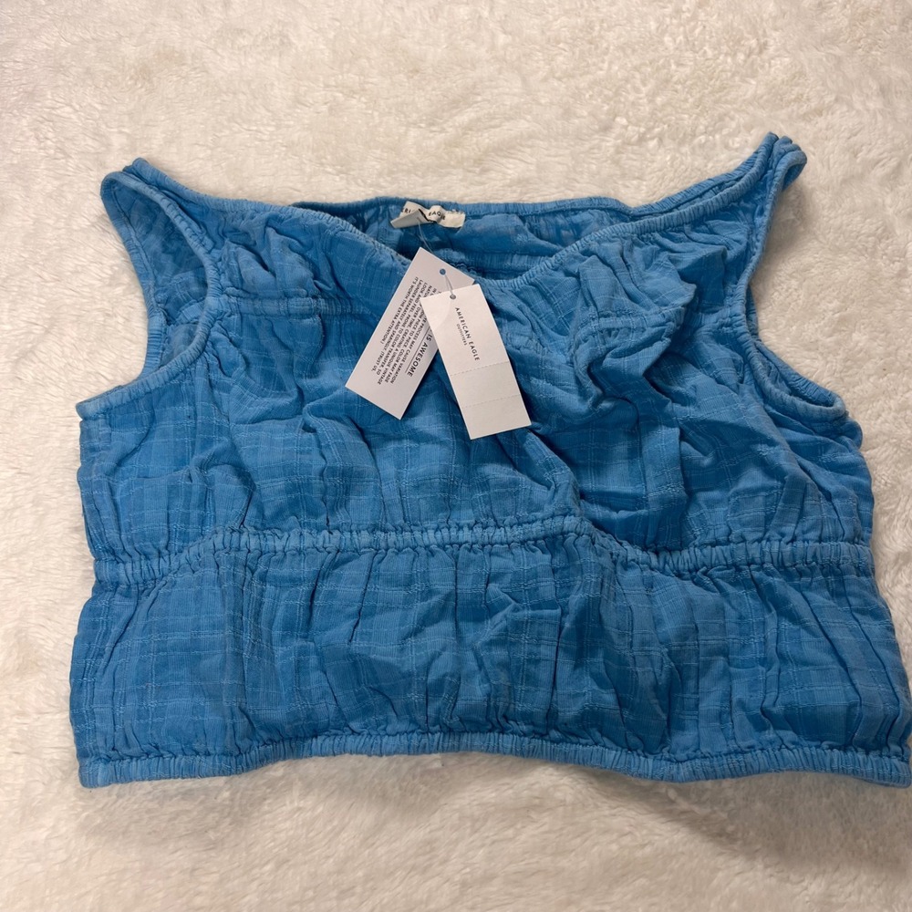 American Eagle Outfitters Blue Textured Cropped Tank Top Smocked Waist Size S